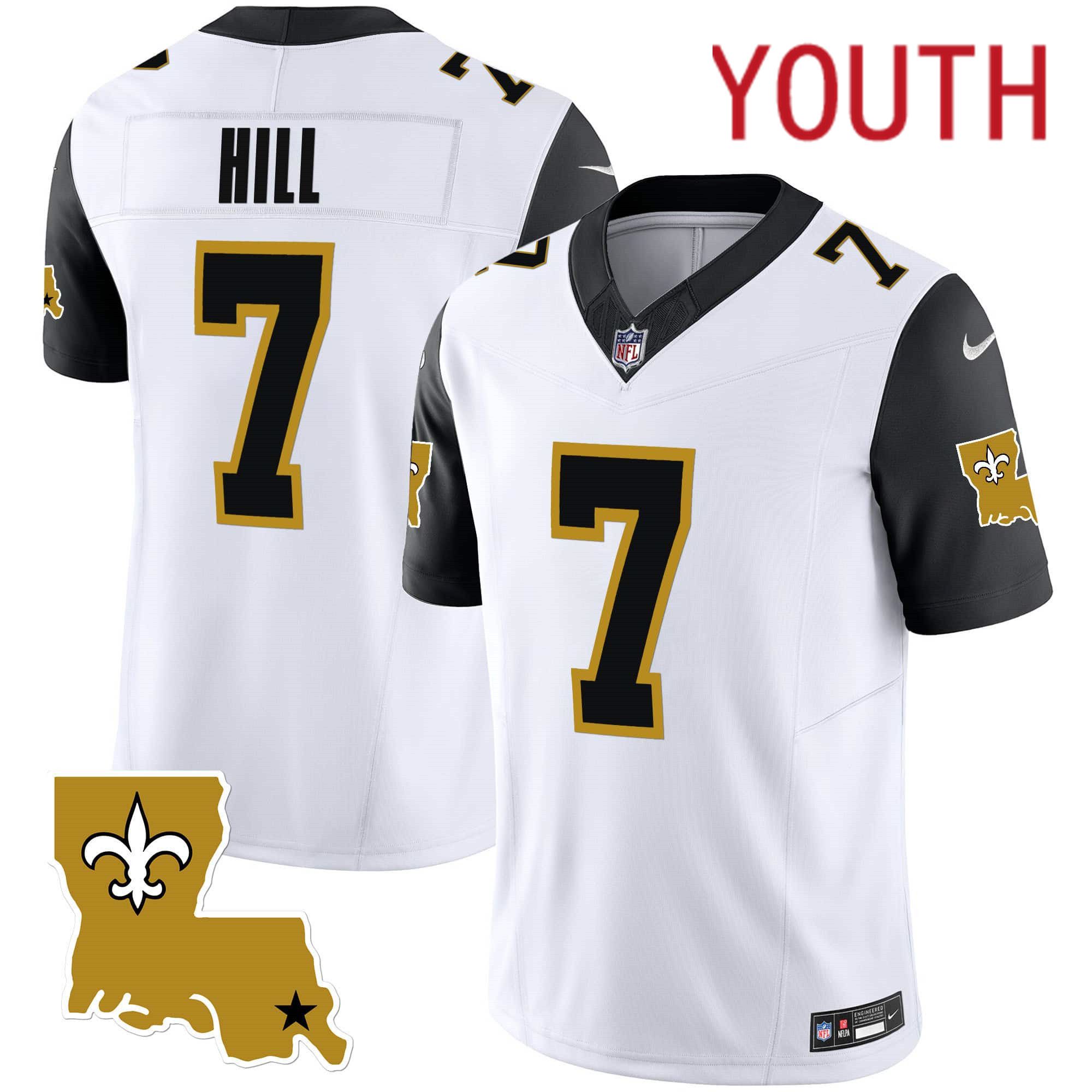 Youth New Orleans Saints #7 Hill White 2024 Nike 1987 Legacy Vapor Limited NFL Jersey style 2